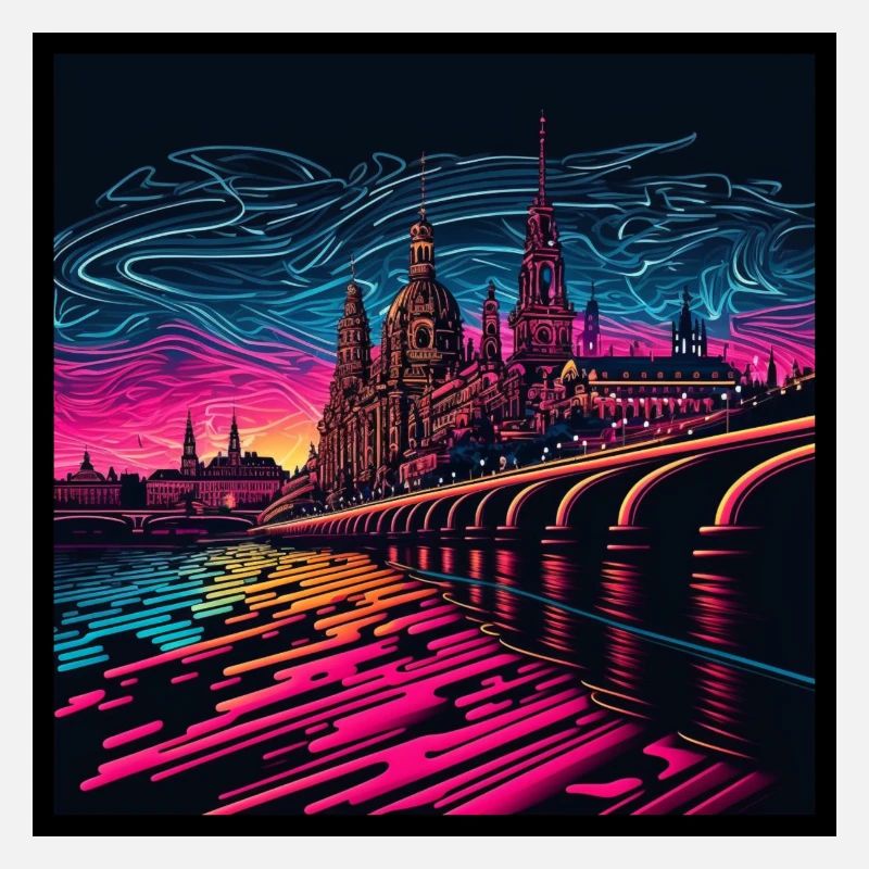 Skyline de Dresde dans la lumière du soir Optique Vaporwave