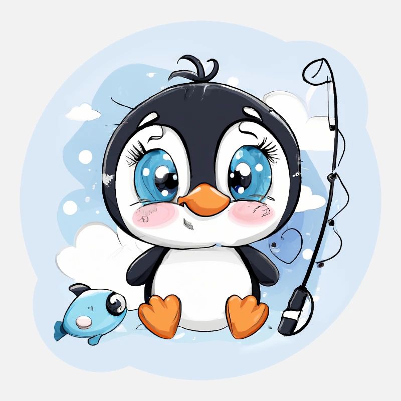 Mignon bébé pingouin avec une canne à pêche