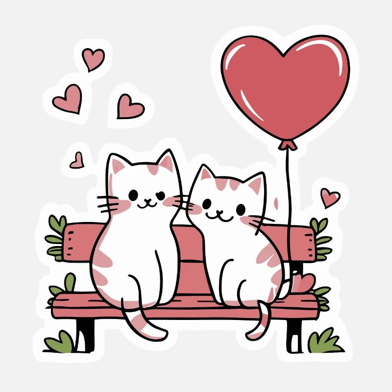 Couple de chats sur un banc de parc avec des cœurs