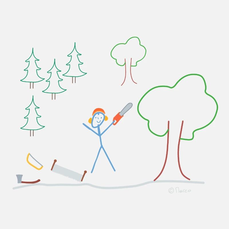 Lumberjack stick figure, forest tree chainsaw