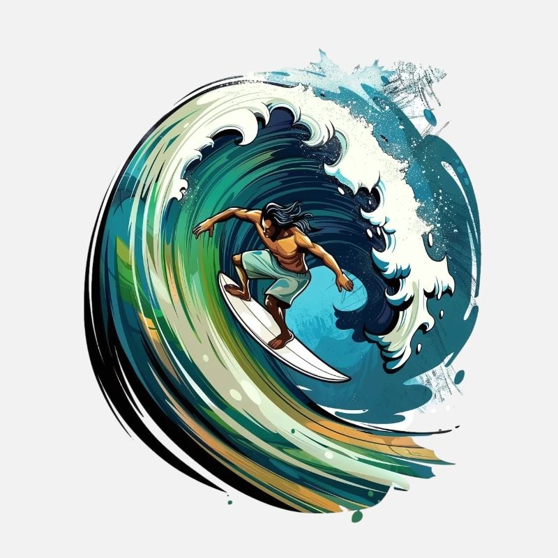 Surfeur sur une grosse vague dans une illustration 2D