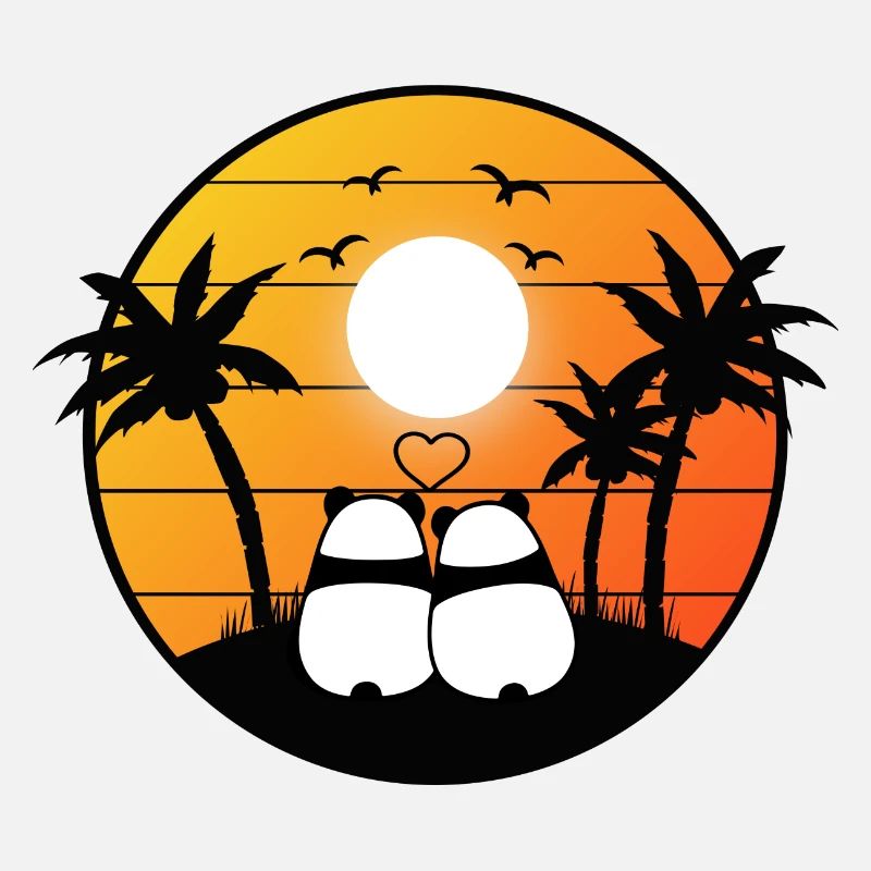 Sweet panda couple under palm trees