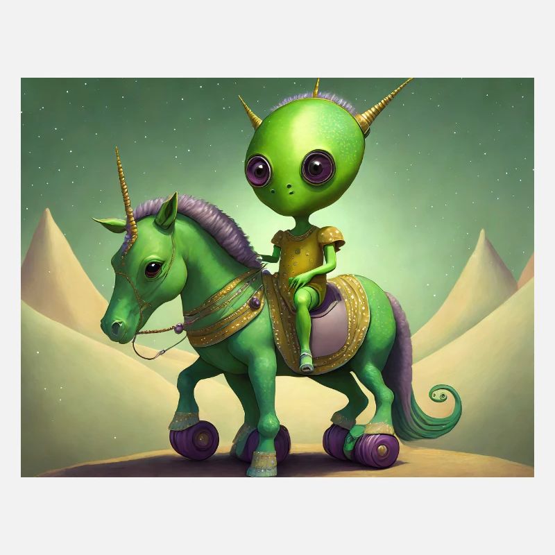 mignon petit extraterrestre vintage vert chevauchant un cheval