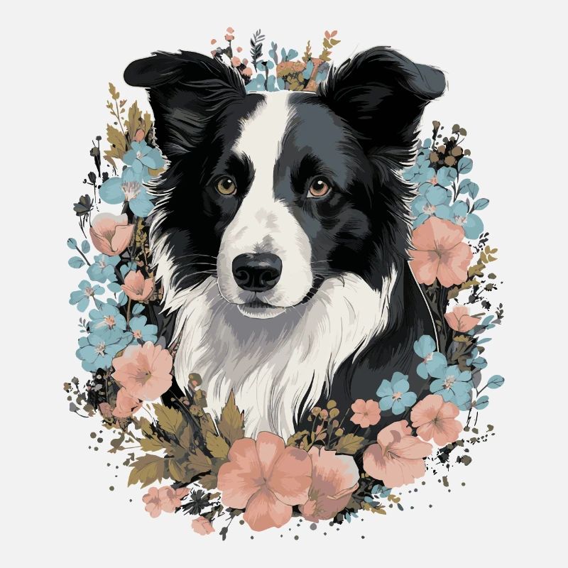 Chien Border Collie et fleurs