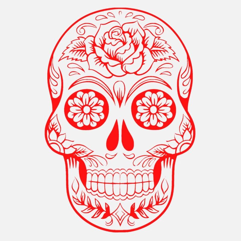 crâne rouge, orné de fleurs