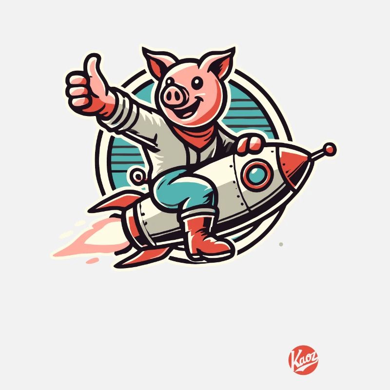 Pouce levé, un cochon sur une fusée