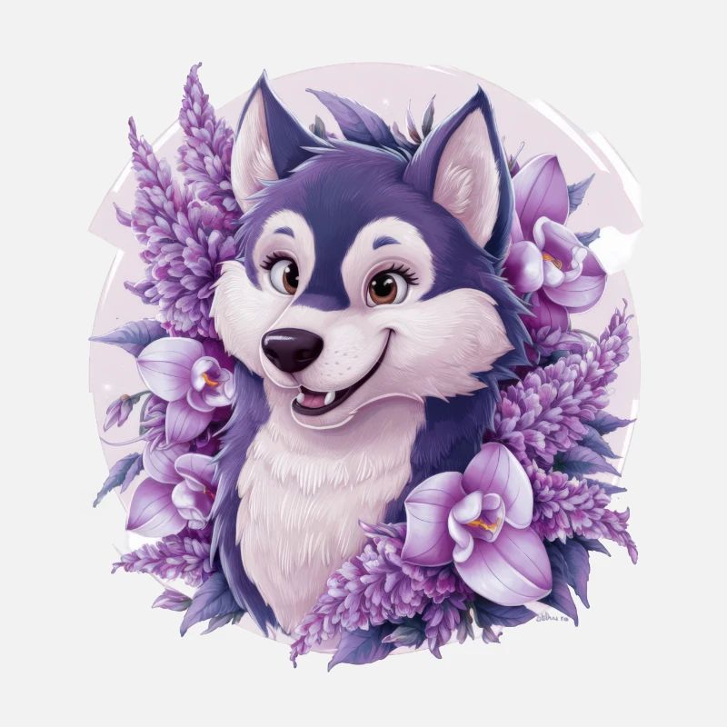 Cute cartoon husky with pretty orchids