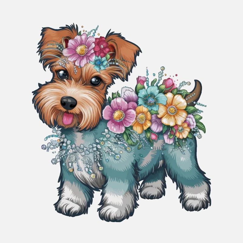 Süßer Cartoon Terrier mit farbenfrohen Blumen