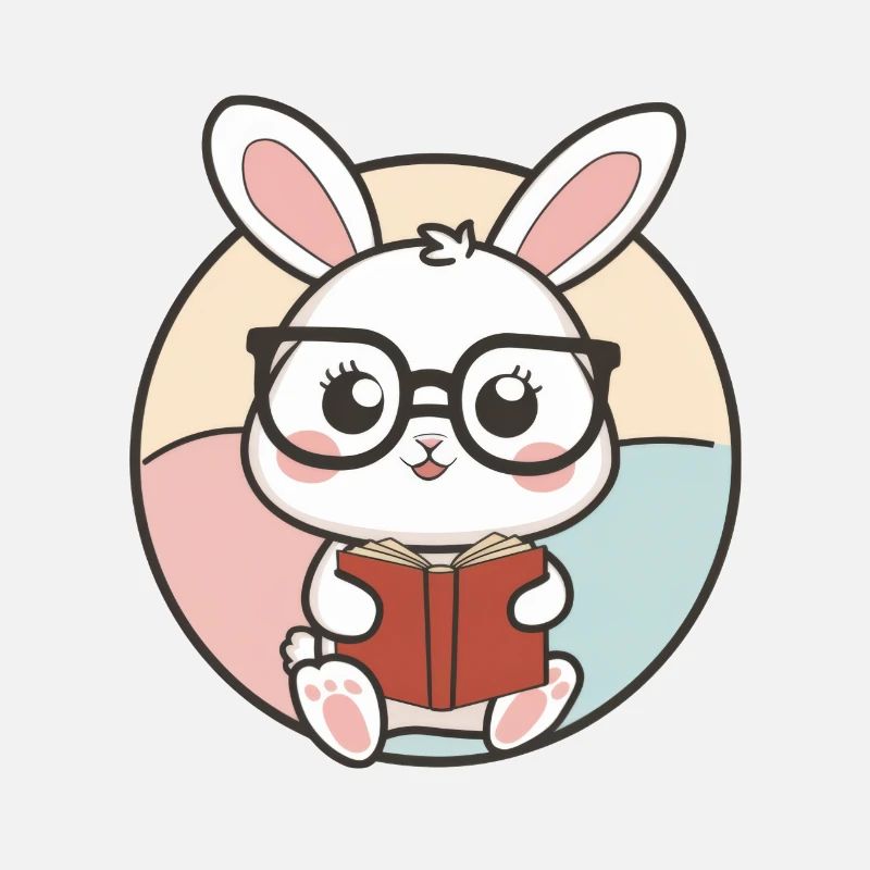 Cuddly kawaii bunny with glasses and book
