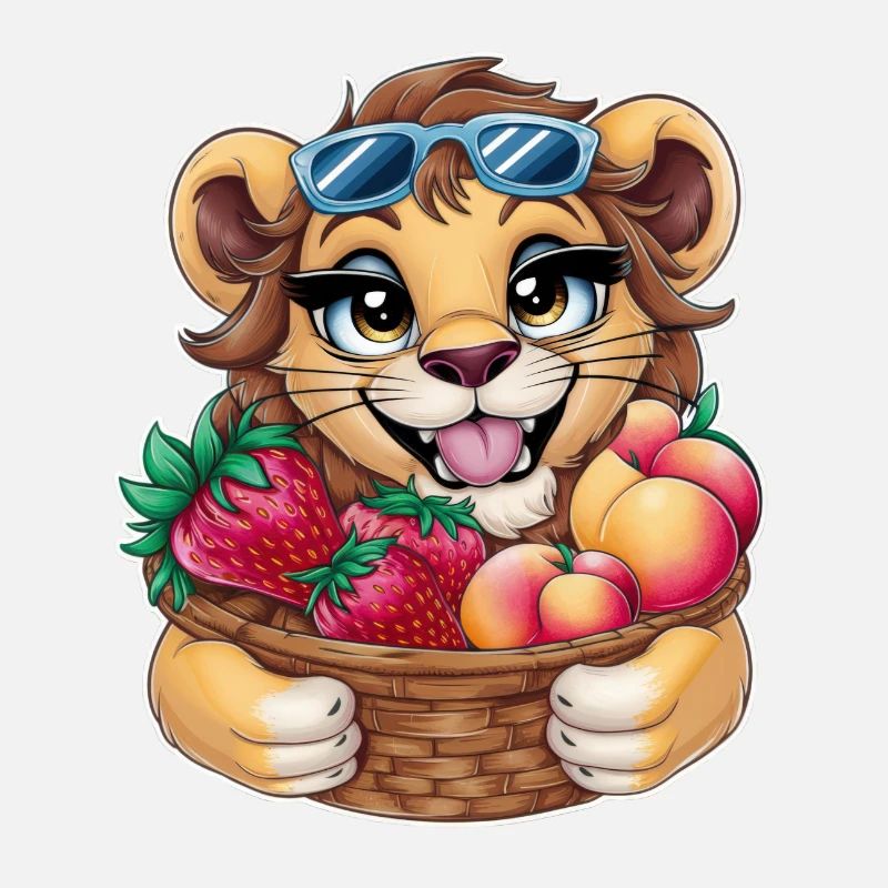 Kawaii lion with strawberries and peaches