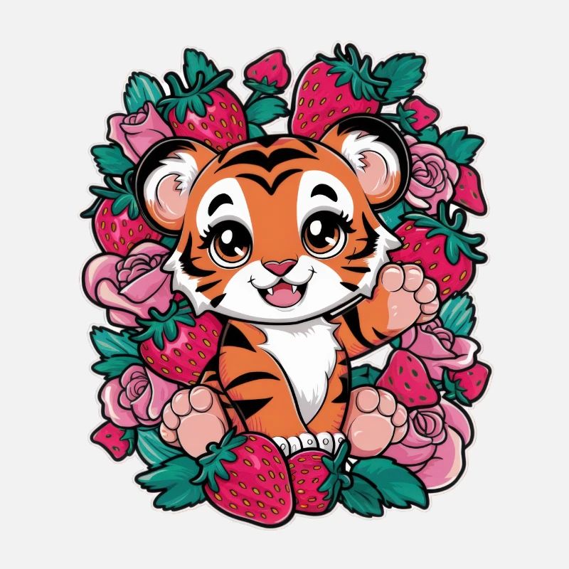 Kawaii Tiger mit Erdbeeren und Rosen
