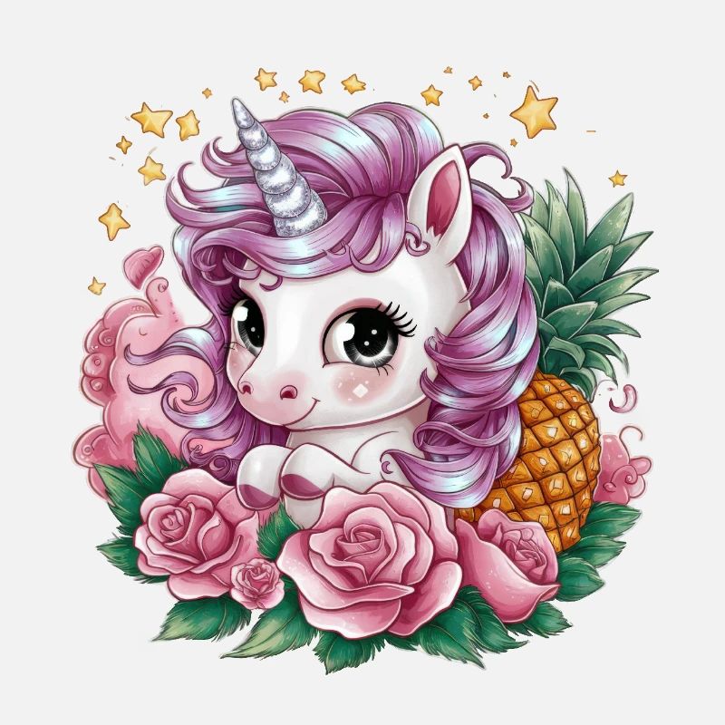 Licorne Kawaii Mignon Dessin Animé avec Roses & Ananas