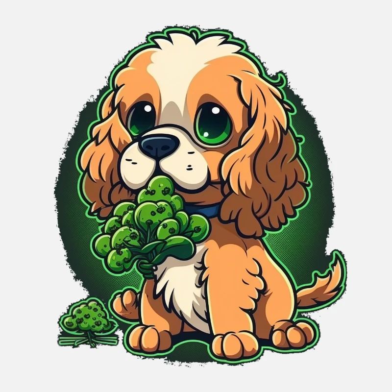 Cute dog eats broccoli vegetables