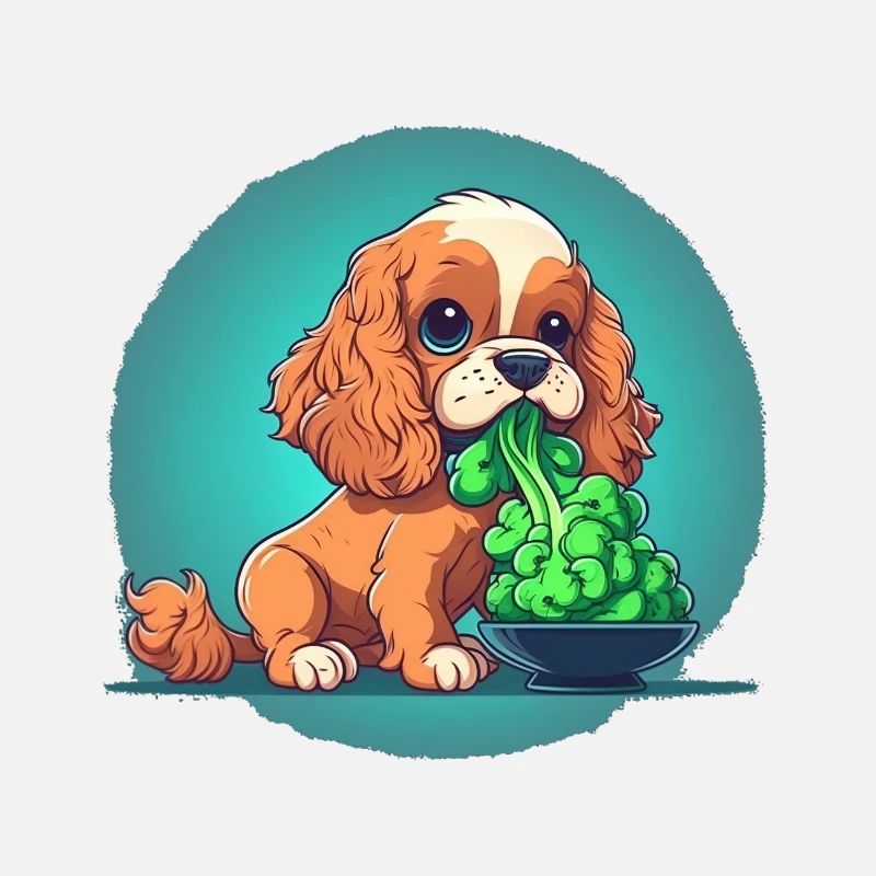 Cute dog eats broccoli vegetables