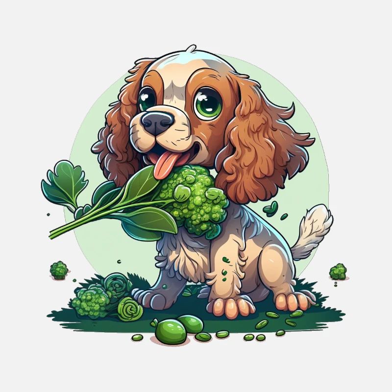 Cute dog eats green broccoli green vegetables