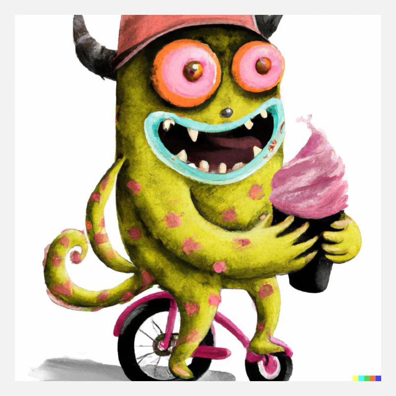 Monster sitzt auf seinem Rad und geniesst ein Eis