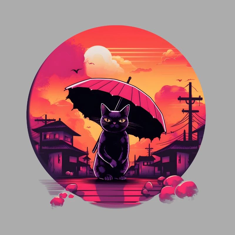 Synthwave japan Cat with umbrella