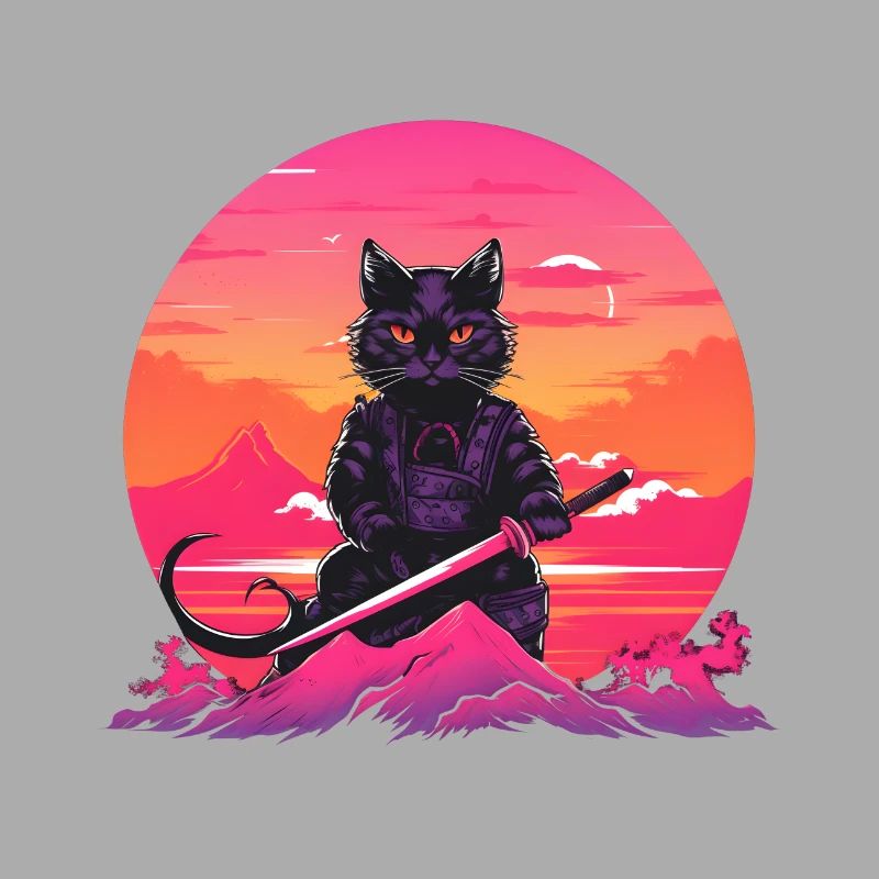 Synthwave samurai Cat with katana
