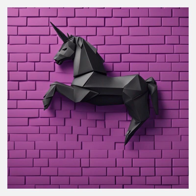 Licorne noire devant un mur violet