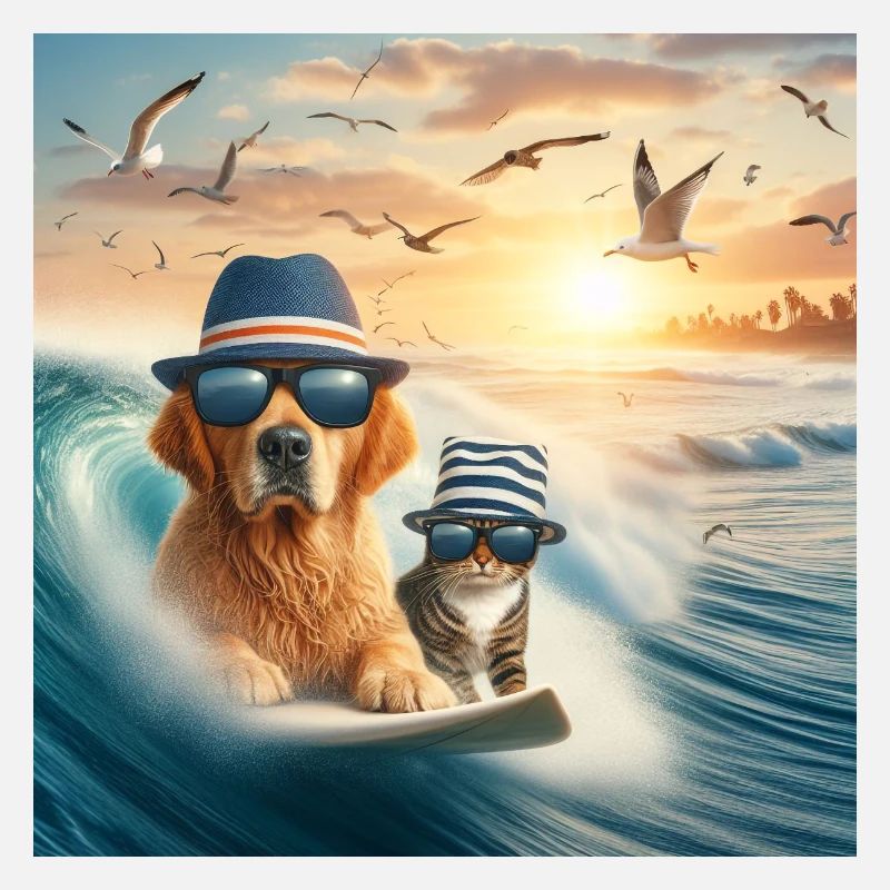 chient et chat surfeur