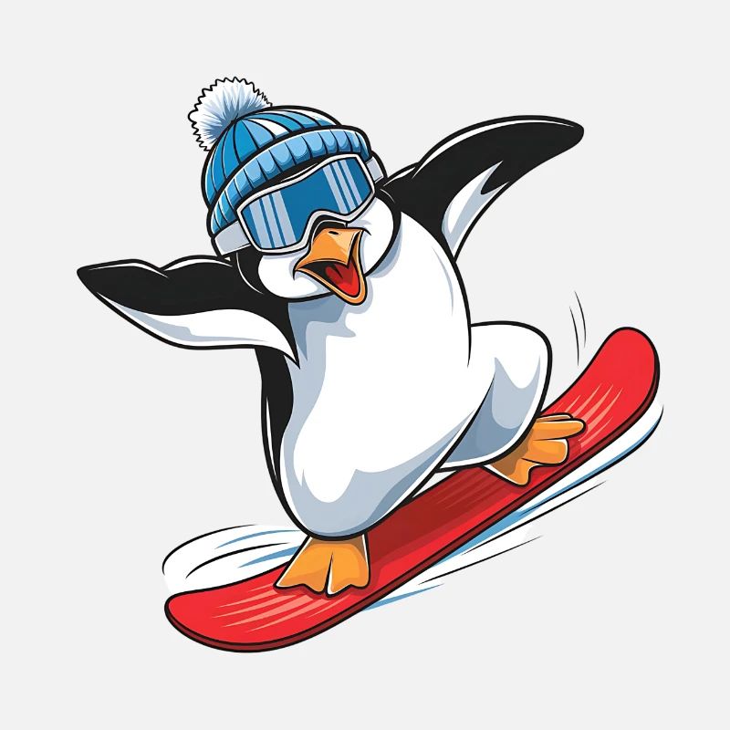 Penguin Winter Snowboarder on Snowboard