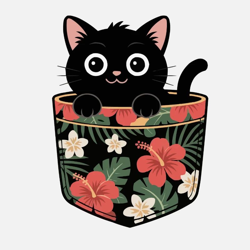 Chat noir mignon dans un design de poche tropicale