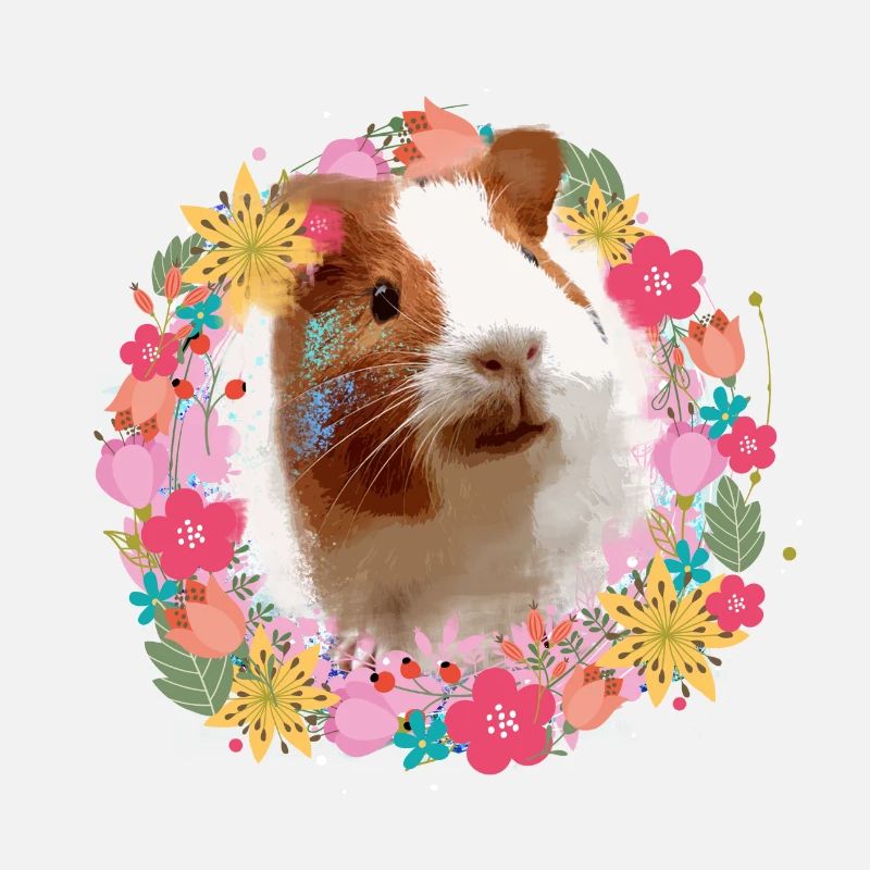 Cochon d’Inde, peinture, couronne florale, fleurs