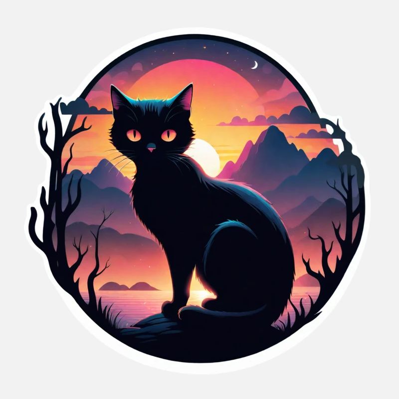 chat paysage et coucher de soleil