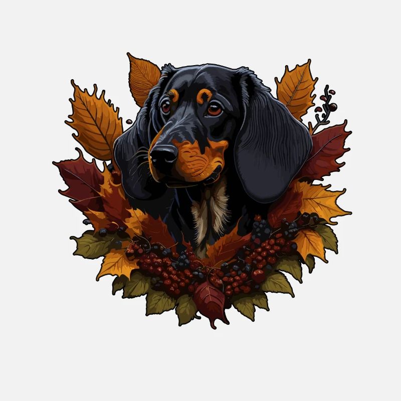Chien teckel dans les feuilles d’automne
