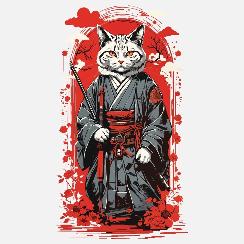 Kawaii samurai cat retro ukiyo-e japan style