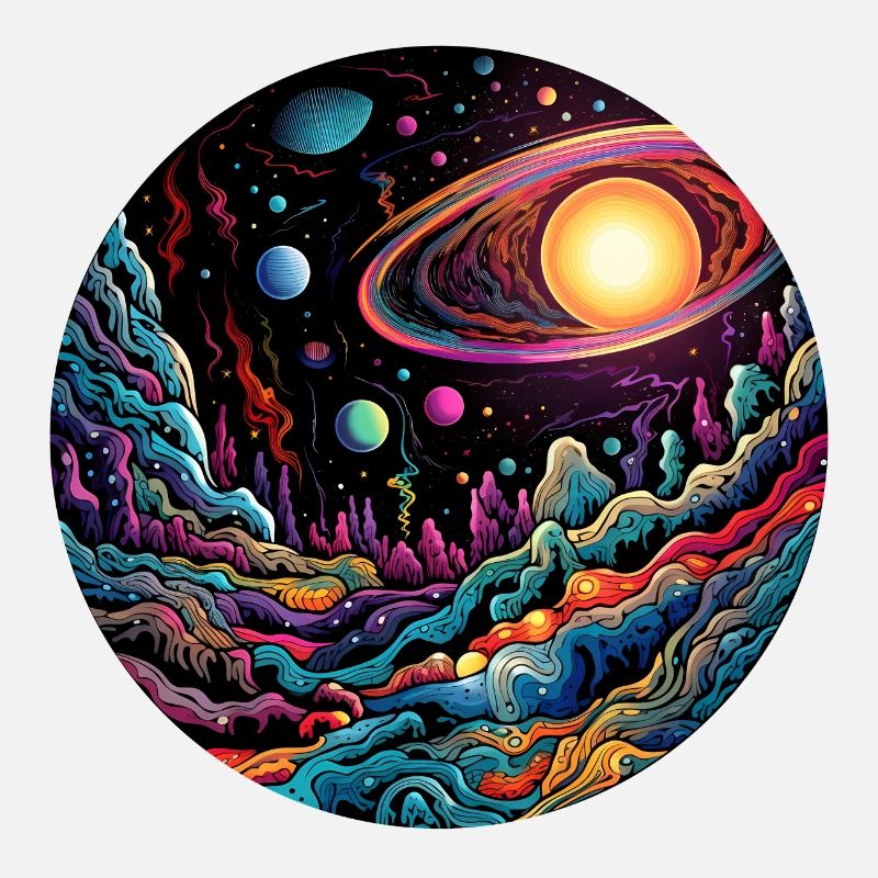 Surrealist space artwork with planets