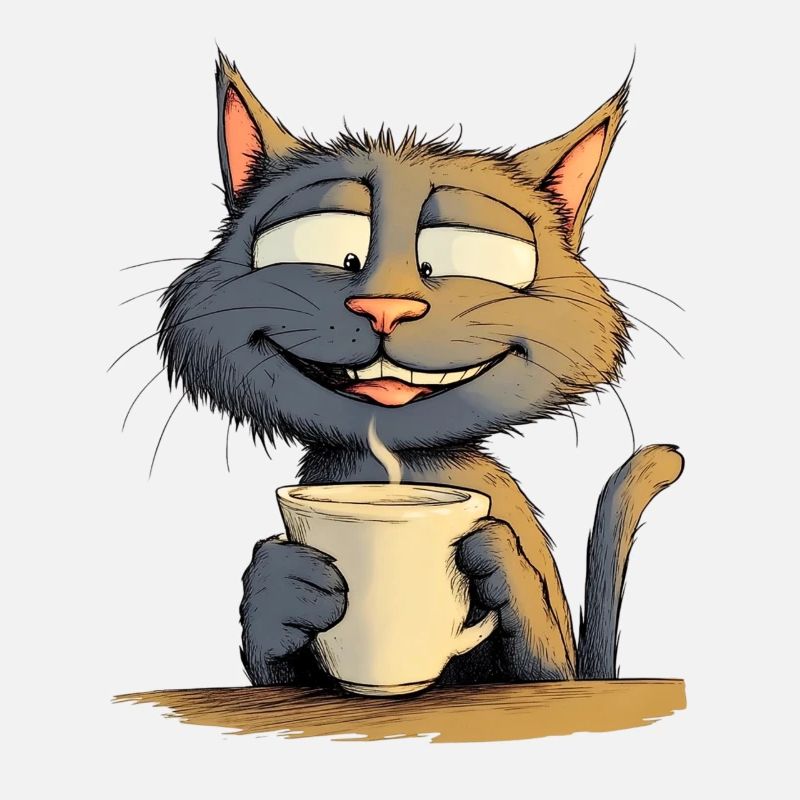 Chat satisfait avec du café - Style BD