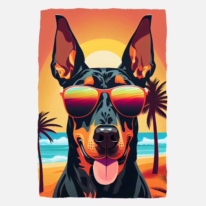cooler Doberman am Strand mit Sonnenbrille
