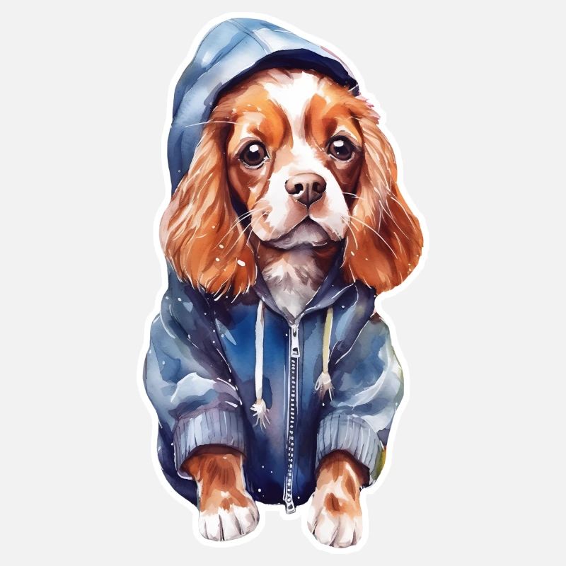 Funny spaniel in dog clothes.
