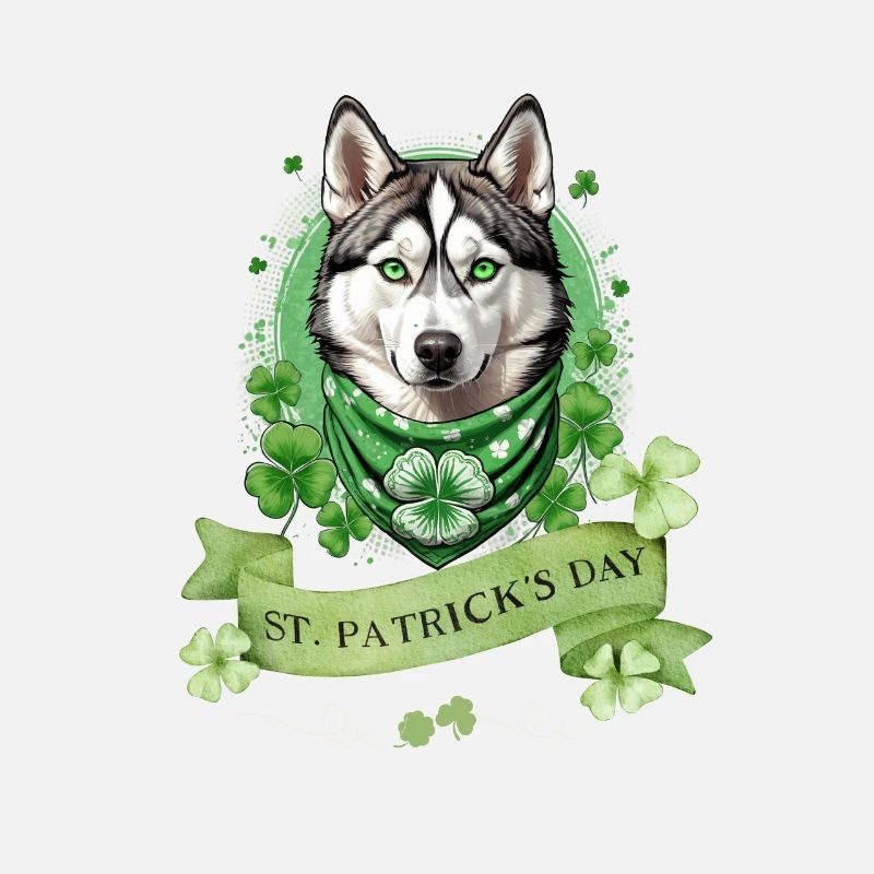 Chien husky avec Bandana de trèfle vert St. Patrick’s