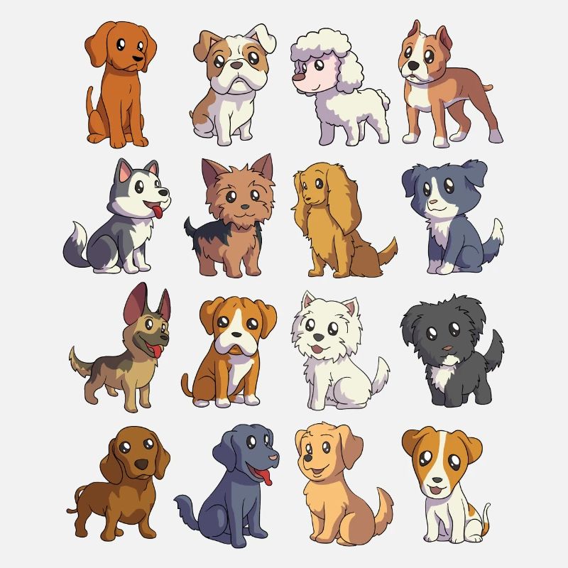 Beaucoup de chiens kawaii de dessins animés mignons
