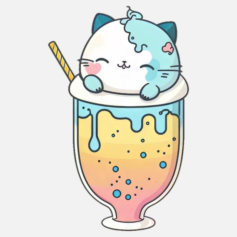 Kawaii Mignon Heureux Chat Coloré Buvant Bubble Tea