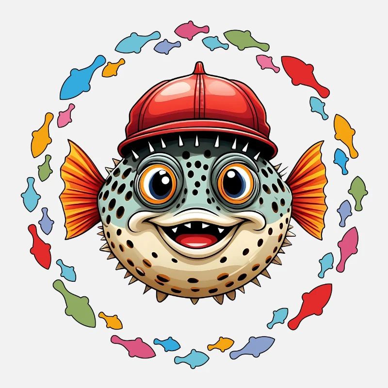 Poisson-globe avec casquette de baseball rouge et poisson coloré