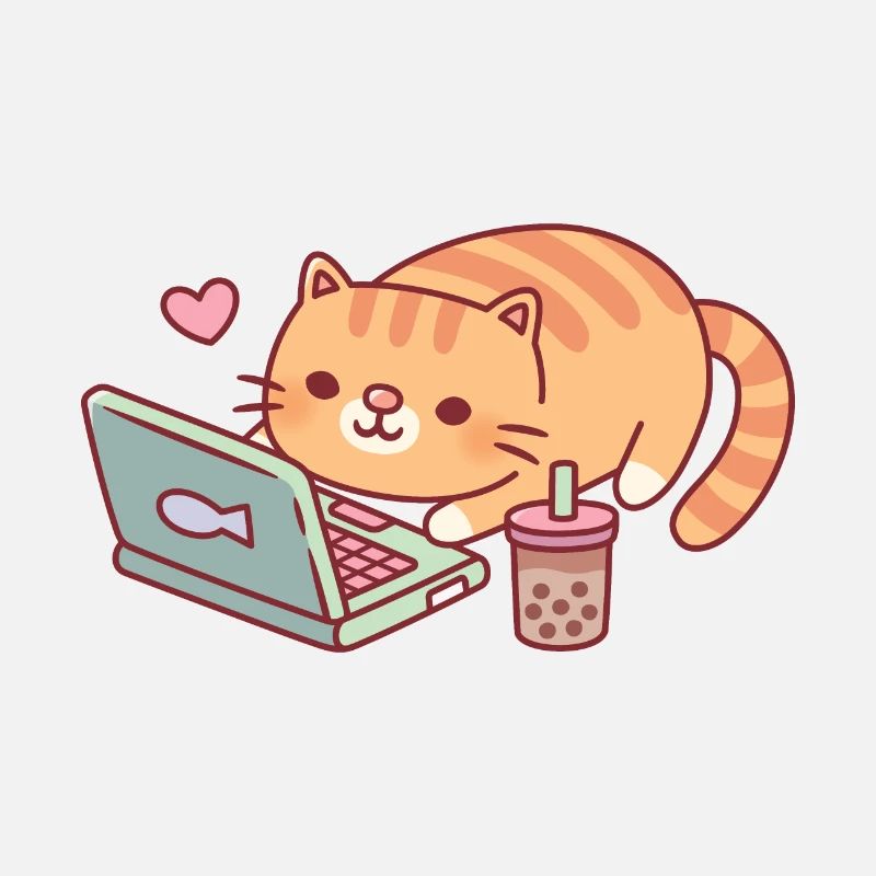 Cute Tabby Cat Chilling With Laptop And Boba Tea