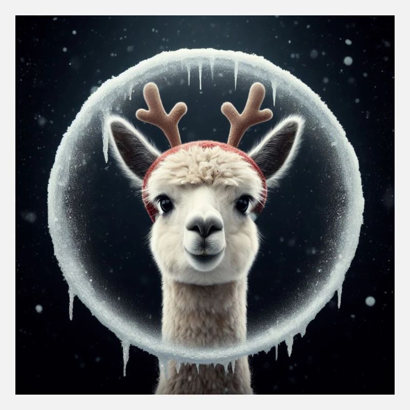 Alpaca reindeer looking through icy window