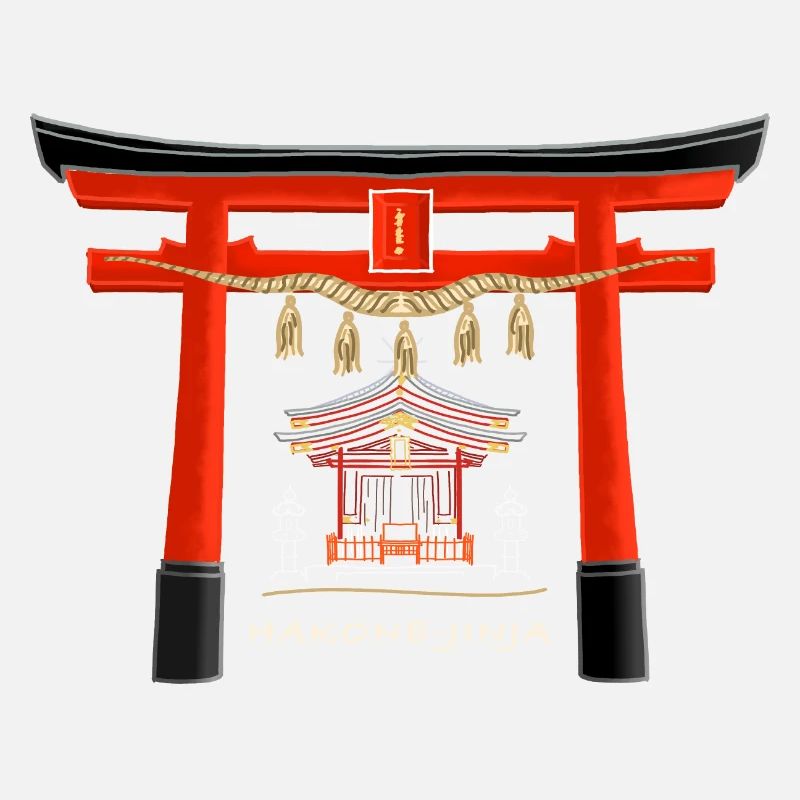 Hakone - jinja, torii, Ashi Lake, Japan Drawing
