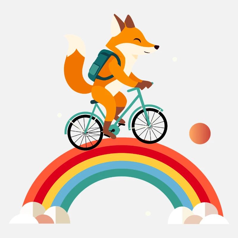 Cheerful fox on bicycle over rainbow