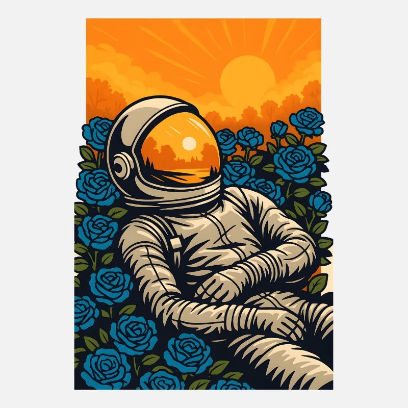Sonnenuntergangs-Astronaut im blauen Rosengarten