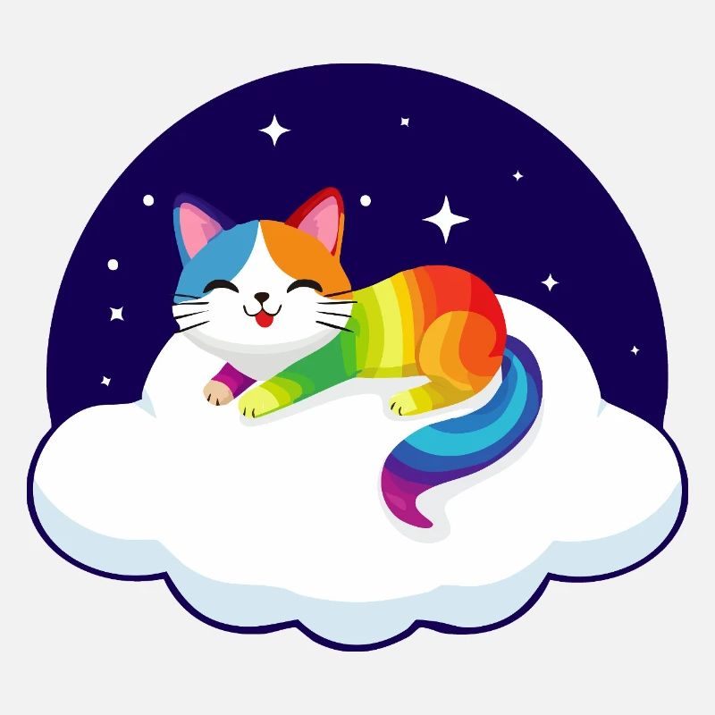 Kunterbunte Katze schwebt auf Wolke (Nacht)