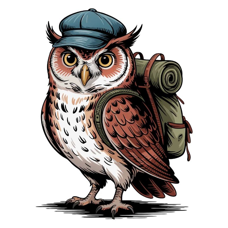 Wandernde Eule mit Rucksack