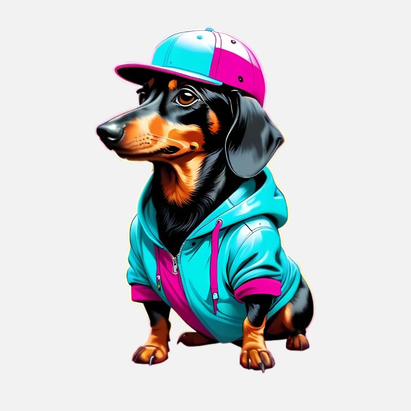 Teckel en sweat à capuche et casquette