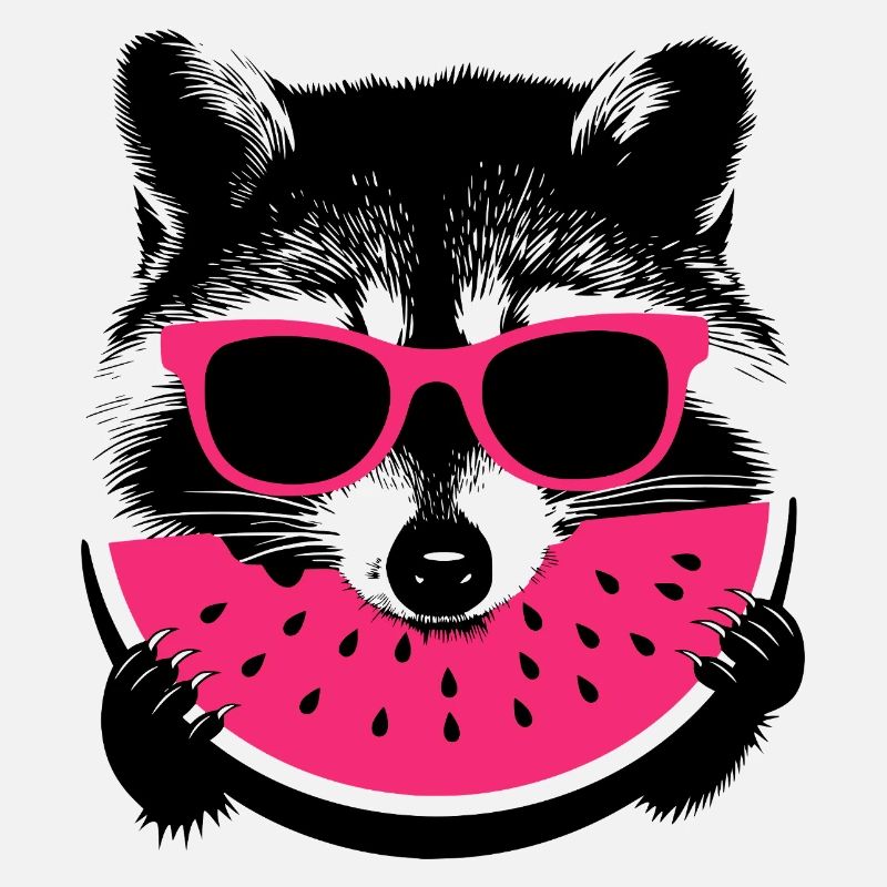 Un raton laveur en lunettes de soleil roses mangeant du melon