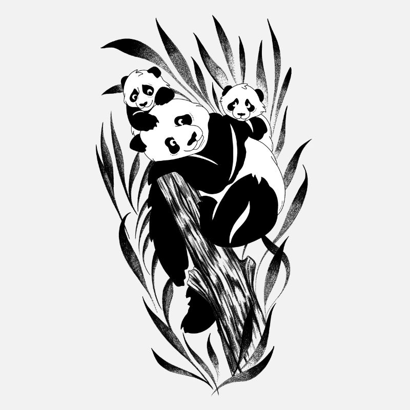 Panda family perched in bamboo trees