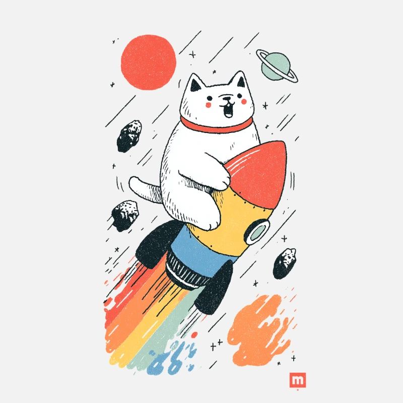 Chat sur fusée dans l’espace coloré