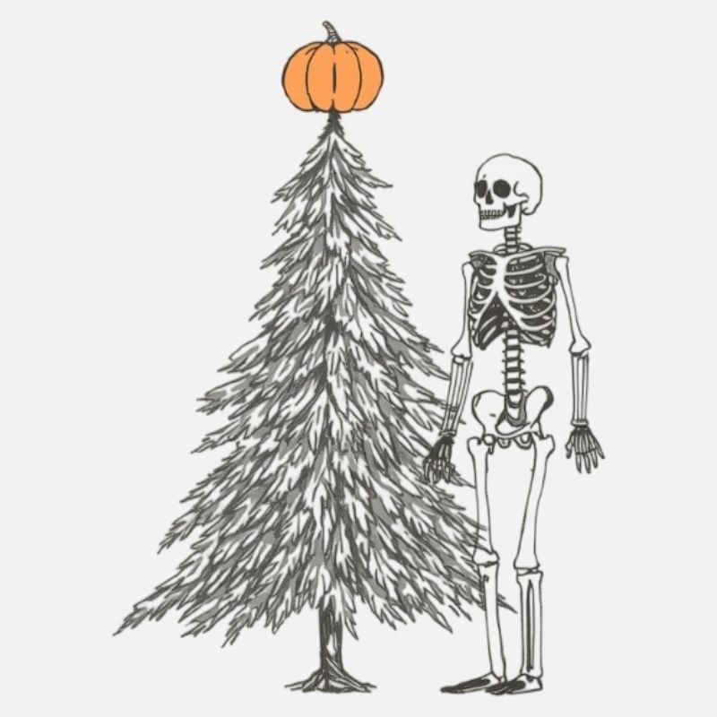 Squelette à côté du sapin de Noël